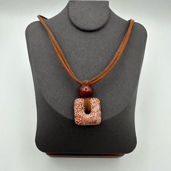 Coral Fossil Square Donut Pendant on Brown Two Tone Faux Leather Double Cord - Picture 2 of 11